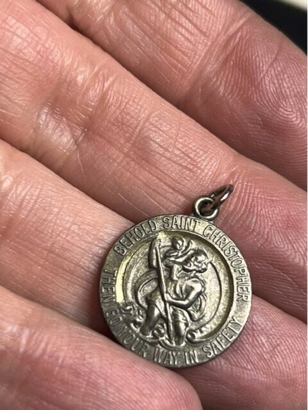 B6569 Wells Sterling Silver oxidized Saint Christopher Medal Pendant traveler's